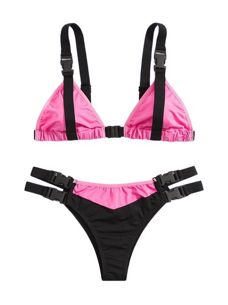 

romwe cyber luvr colorblock buckle cut out triangle lingerie set h4ed#, Black;red