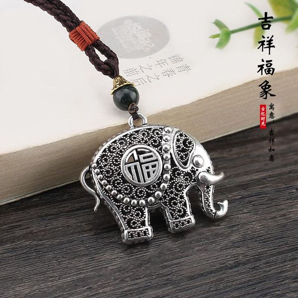 Colares pendentes nacionais fengfu pequeno elefante deus outono de inverno de inverno, cadeia de camisola e mulheres versáteis acessórios simples de colarpen