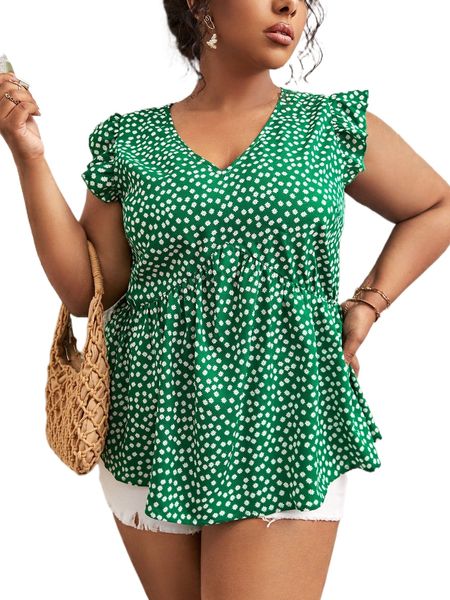 

plus ditsy floral flutter sleeve peplum blouse w8rf#, Black