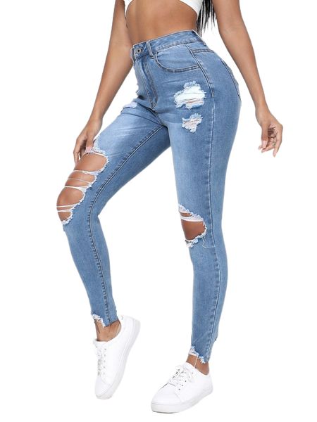 

high waist ripped skinny jeans 49je#, Blue