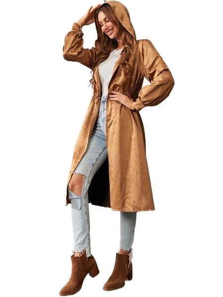 

luukse drawstring waist bishop sleeve hooded coat p97x#, Black