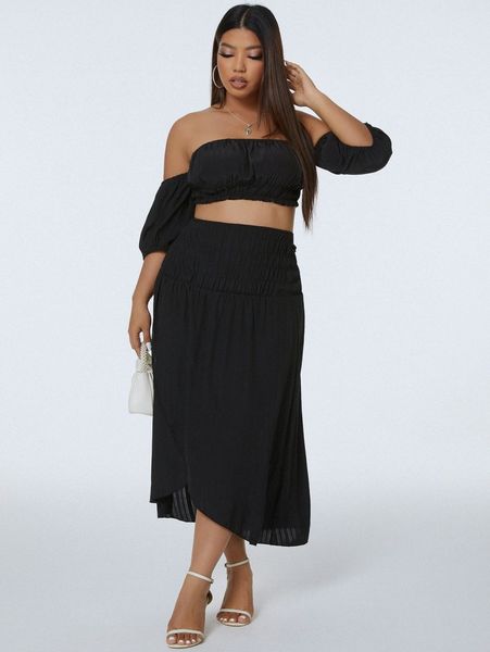 

plus off shoulder ruched crop & wrap skirt y0ph#, Black