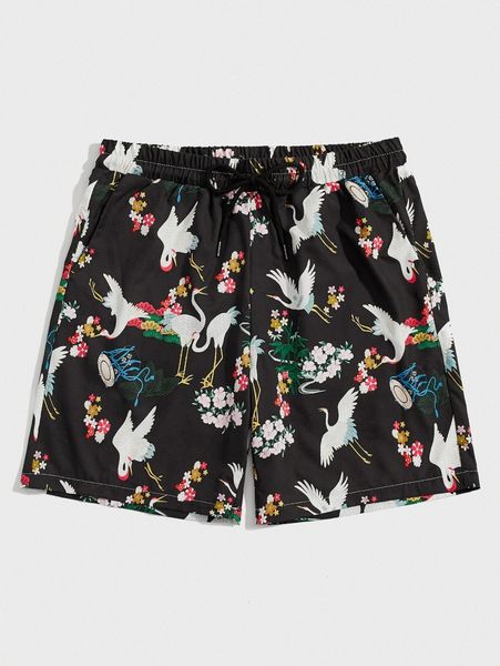 

romwe guys crane & floral print shorts r8zm#, White;black