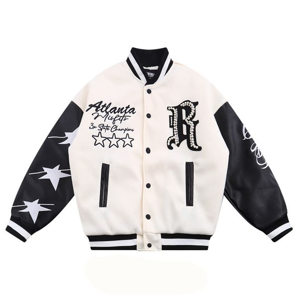 

winter hiphop streetwear jacket men letter pearl embroidery patchwork varsity thick warm coat women, Black;brown
