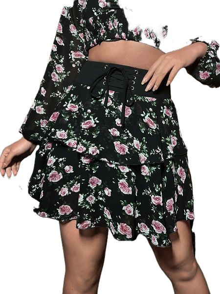 

floral print grommet lace up layered hem chiffon skirt k37e#, Black