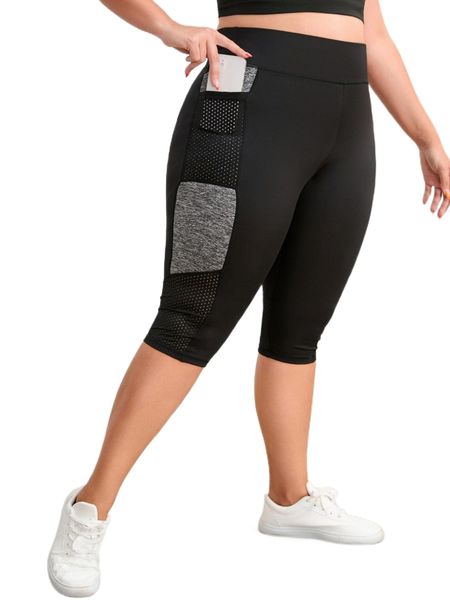 

plus contrast panel sports leggings with phone pocket 46nb#, Black