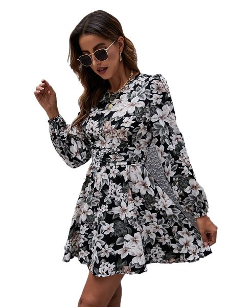 

floral print puff sleeve ruched waist dress k0ur#, Black;gray