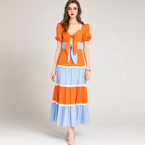 

women's runway dresses v neck short sleeves keyhole lace up color block fashion party prom gown, Black