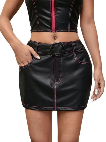 

high waist belted pu leather skirt s3fk#, Black