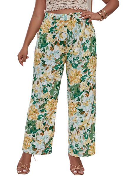 

plus allover floral print pants 59y2#, Black