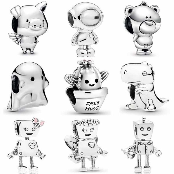 925 Sterling Silver Dangle Charm Smooth Pippo The Flying Pig Free Abraços The Ghost Dinosaur Beads Bead Fit Pandora Charms Bracelet Acessórios de jóias DIY