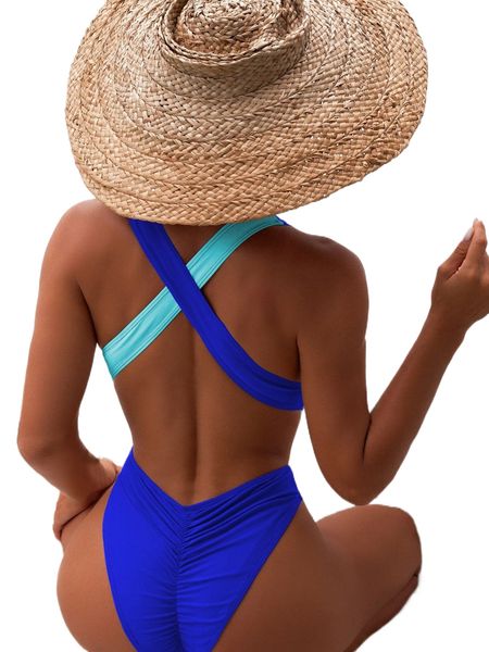 

color block criss cross ruched one piece swimsuit w8jf#, White;black