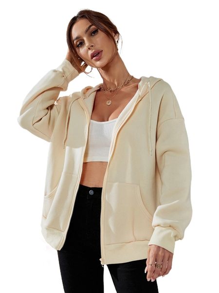 

drop shoulder zip up drawstring hoodie s6f4#, Black