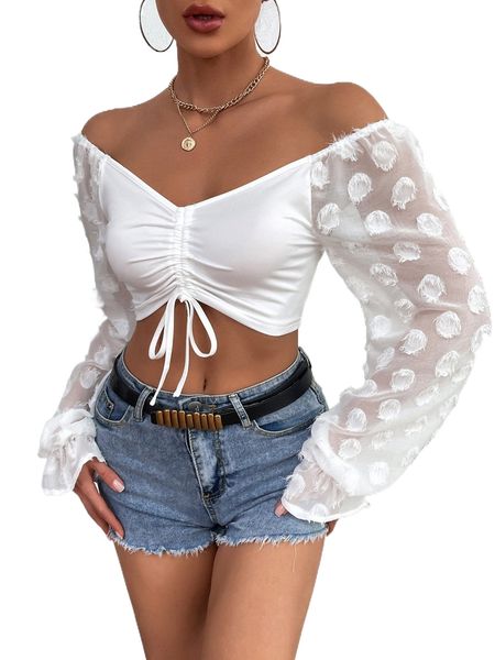 

off shoulder drawstring fuzzy flounce sleeve crop p7u6#, White