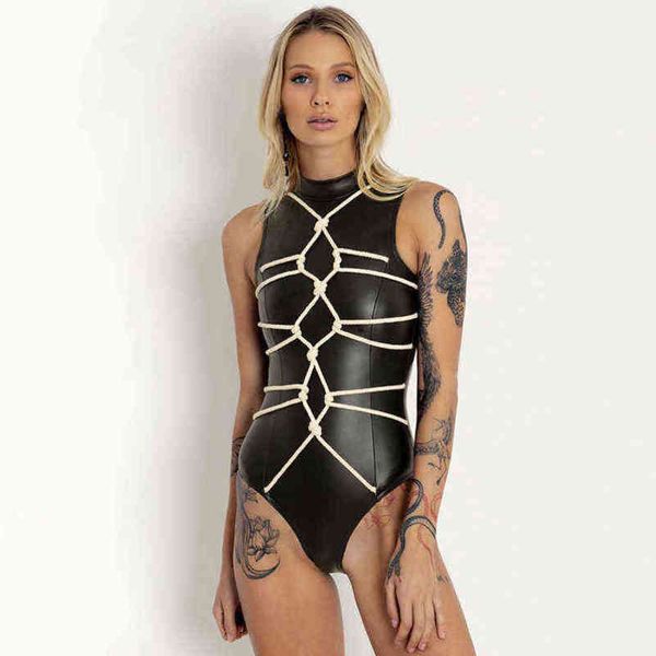 

nxy garment m21bs453 women's ins lingerie strap pu skin bodysuit 220525
