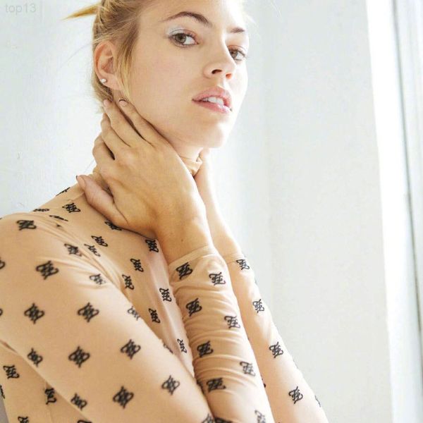 

women's knits & tees designer jinkou south korea flocking mesh f home 22 spring new long sleeve high neck printed bottomed shirt gx2638, White