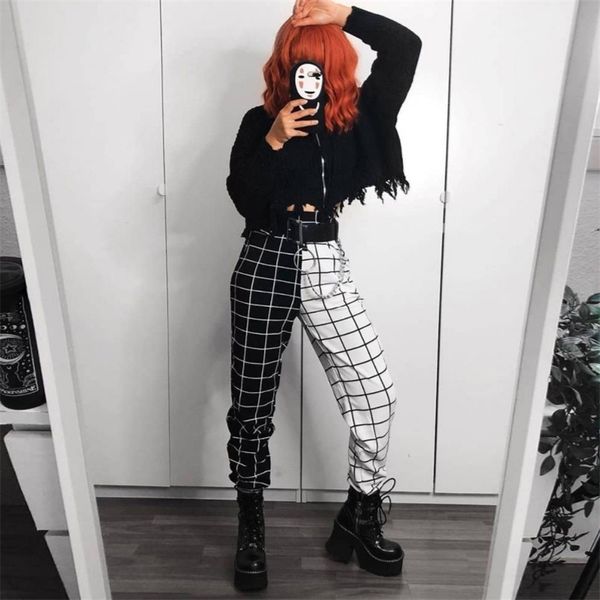 

contrast cargo pant for women loose hight waist plaid jogging trousers sporty pants elasticity sportpants summer 220325, Black;white