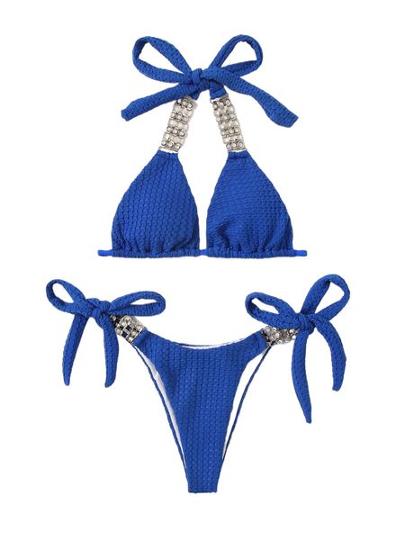 

rhinestone decor halter triangle bikini swimsuit 22lu#, White;black