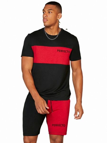 

men two tone letter graphic tee & drawstring waist shorts n1p3#, Gray