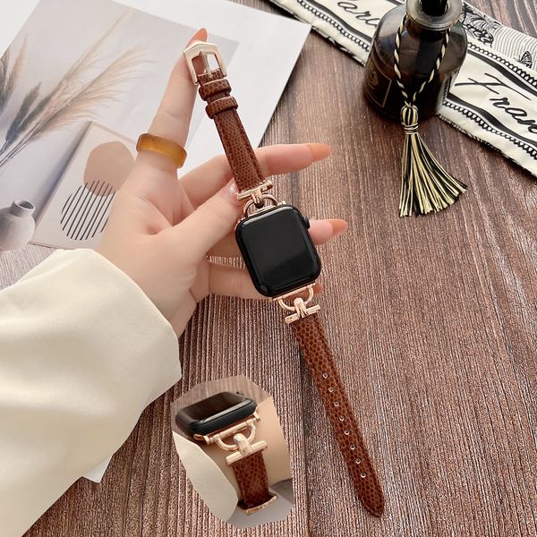 Correias de relógio Guard 45mm bandas Couro Rose Gold Connector Ladies 38mm 41mm 44mm Para Apple Strap iwatch Series 7 3 4 5 SE 6 Watchband Pulseira Moda Feminina Presente Marrom