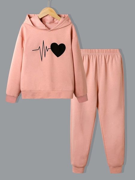 

girls heart print drop shoulder hoodie & sweatpants she, White