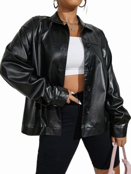 

plus drop shoulder pu leather jacket j1ad#, Black