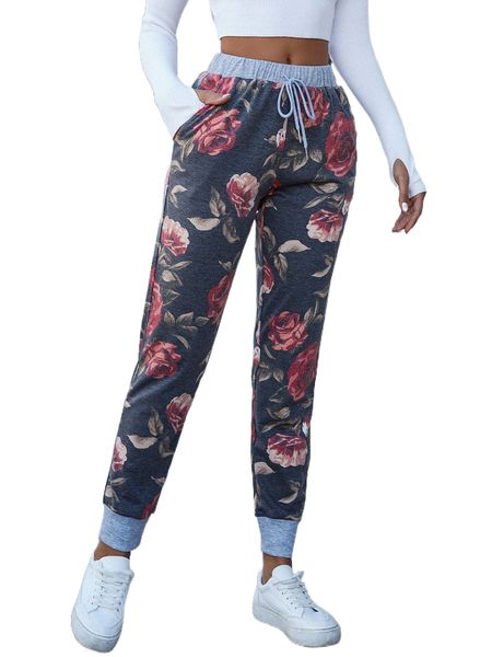 

dearcase floral print drawstring waist sweatpants w3j7#, Black;white