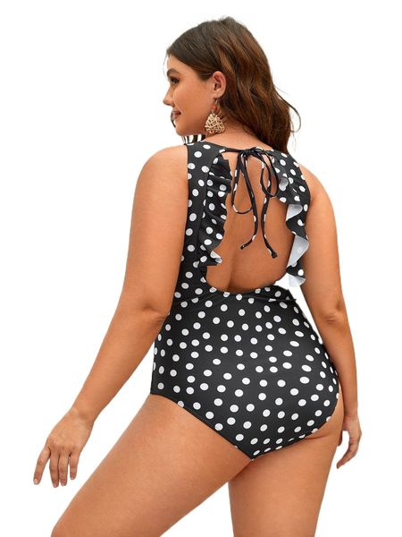 

plus polka dot backless knot ruffle trim one piece swimsuit w6h3#, White;black