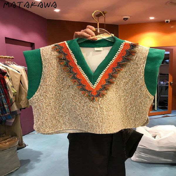 

korean autumn and winter color matching vneck sweater vest loose tweed waistcoat split sleeveless women 210506, Black;white
