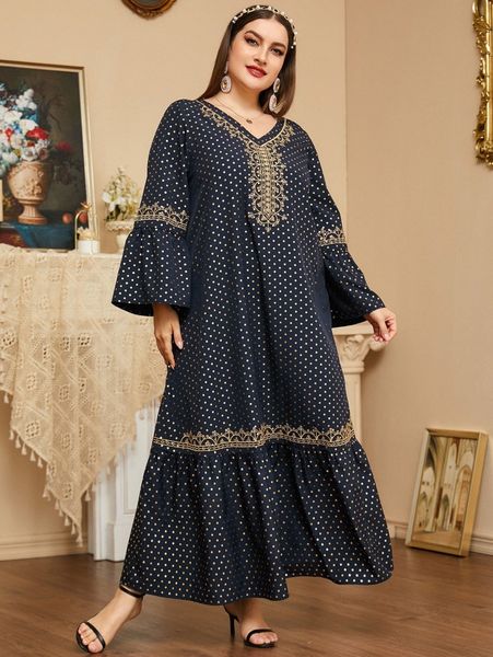 

plus gold polka dot print embroidery flounce sleeve ruffle hem dress f6ej#, Black