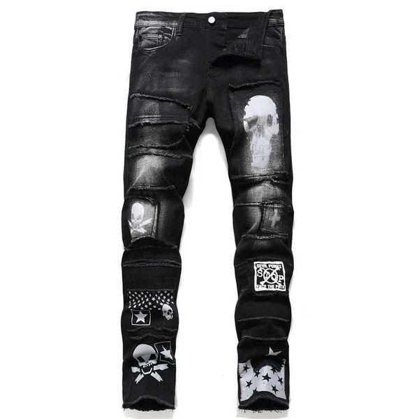 

2022 men's pants streetwear fashion trousers jeans skull black designer ripped comfortable denim biker male casual, Blue