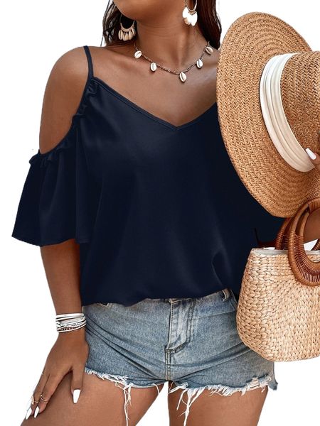 

plus cold shoulder frill trim blouse 62jz#, Black