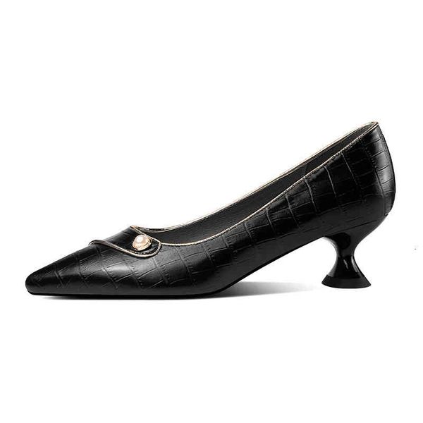 

dress shoes summer women's shoes pointed thin heels middle metal rivet plaid cowhide simple shallow mouth single x566, Black