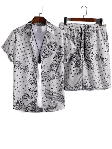 

men paisley print shirt & drawstring waist shorts without tee w0r7#, Gray