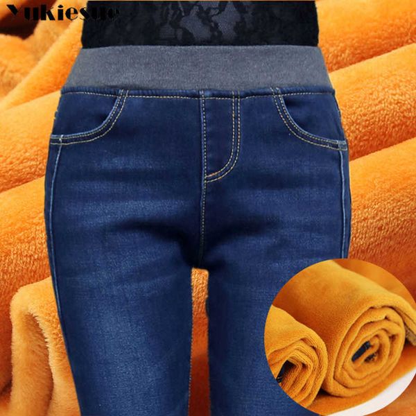 

plus size 34 winter jegging jeans fleece warm women casual pencil pant black blue long slim trousers female femme pantalon 210608