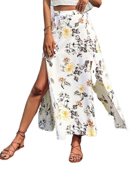 

floral split thigh skirt v13a#, Black