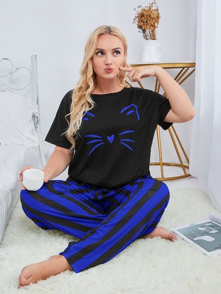

plus cartoon graphic tee & striped pants q3on#, Black;white