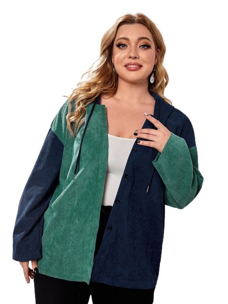 

plus color block drop shoulder drawstring hooded coat a9fj#, Black