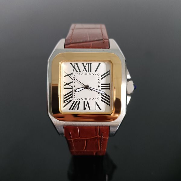 

men's square watch 40mm automatic mechanical wristwatches luminous leather strap stainless steel case golden dial sapphire mirror luxur, Slivery;brown