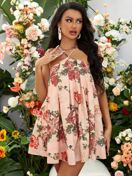 

sxy floral halter neck pleated dress k7xh#, Black;gray