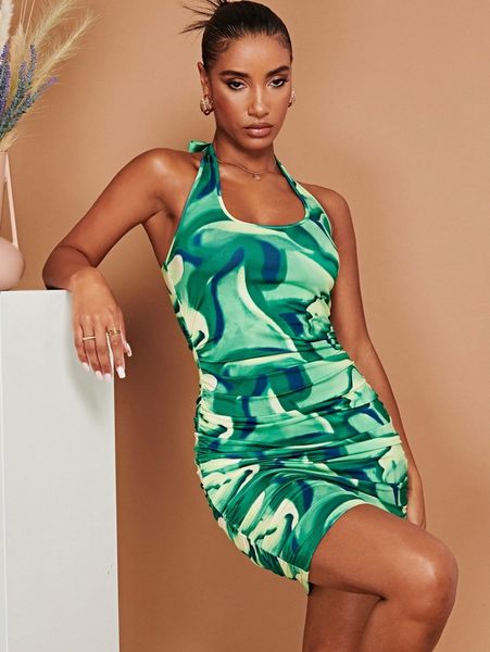 

allover print ruched halter dress 83ez#, Black;gray