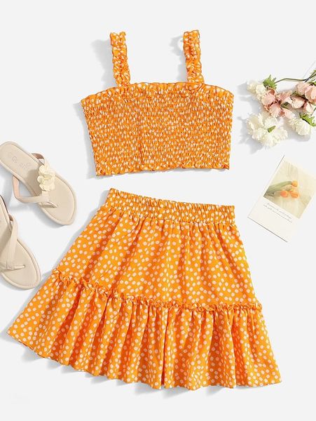 

girls ditsy floral print shirred frill trim cami & skirt she, White