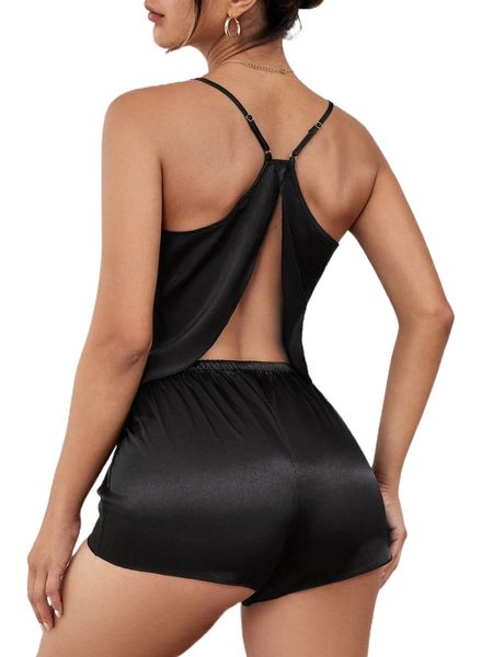 

solid asymmetrical hem satin pj set i4mf#, Black;red