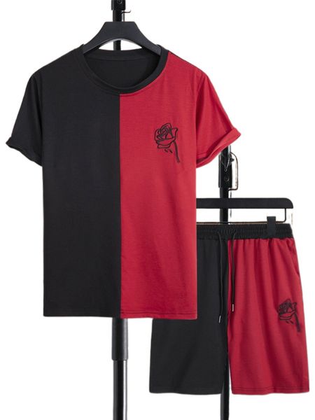 

men two tone floral embroidery tee & shorts 92b3#, Gray