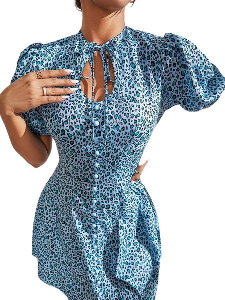 

tie neck allover print puff sleeve button detail dress h1ox#, Black;gray