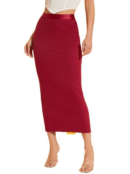 

wide band waist rib-knit pencil skirt j04g#, Black