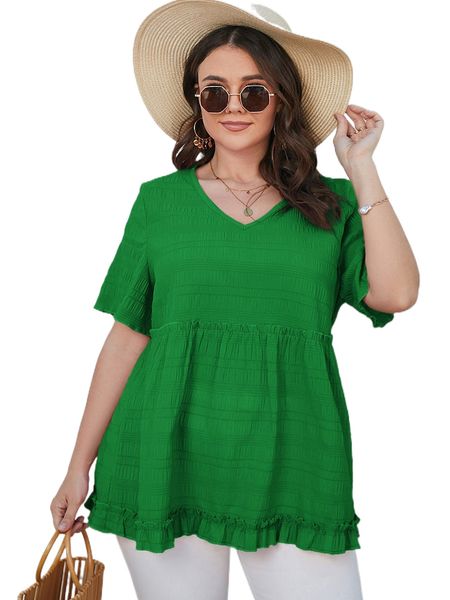 

plus textured frill trim peplum blouse g3fm#, Black