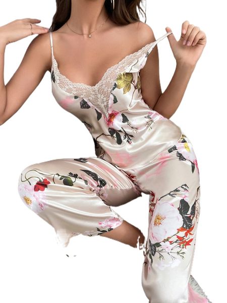 

floral print contrast lace cami satin pj set u400#, Black;red