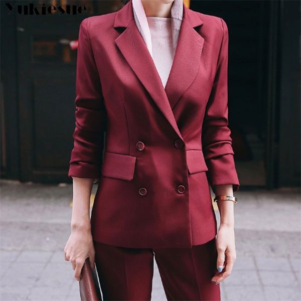 Professionelle Frau Hosenanzug reine Farbe Business formale schlanke Langarm-Blazer mit Hosen Büro Damen OL Uniform Designs 210412
