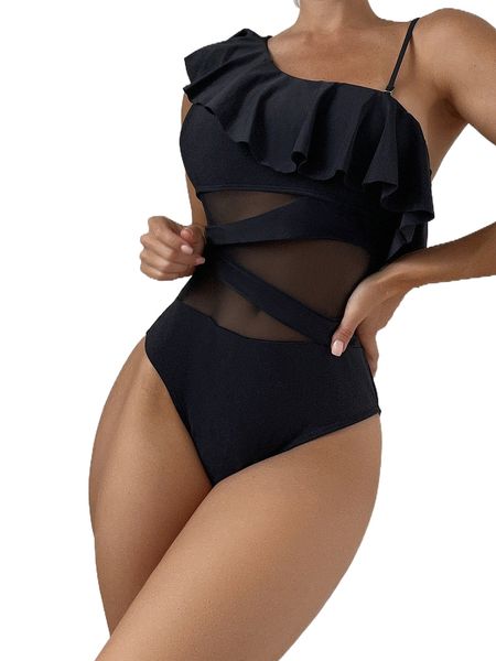 

ruffle trim contrast mesh one piece swimsuit i92n#, White;black